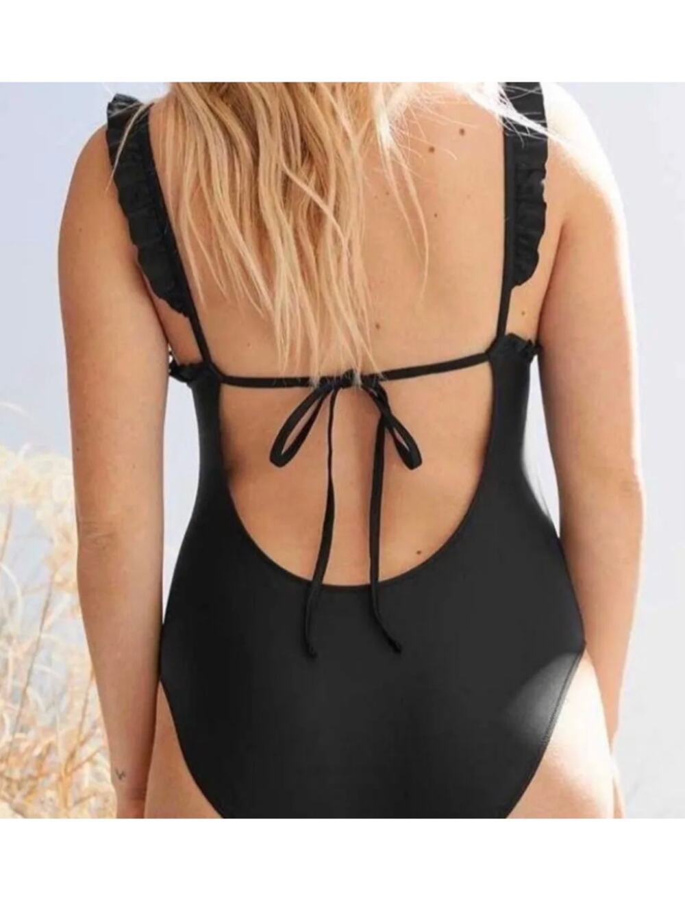 AERIE NWT Black Ruffle Scoop Back One-Piece Swim Suit // M